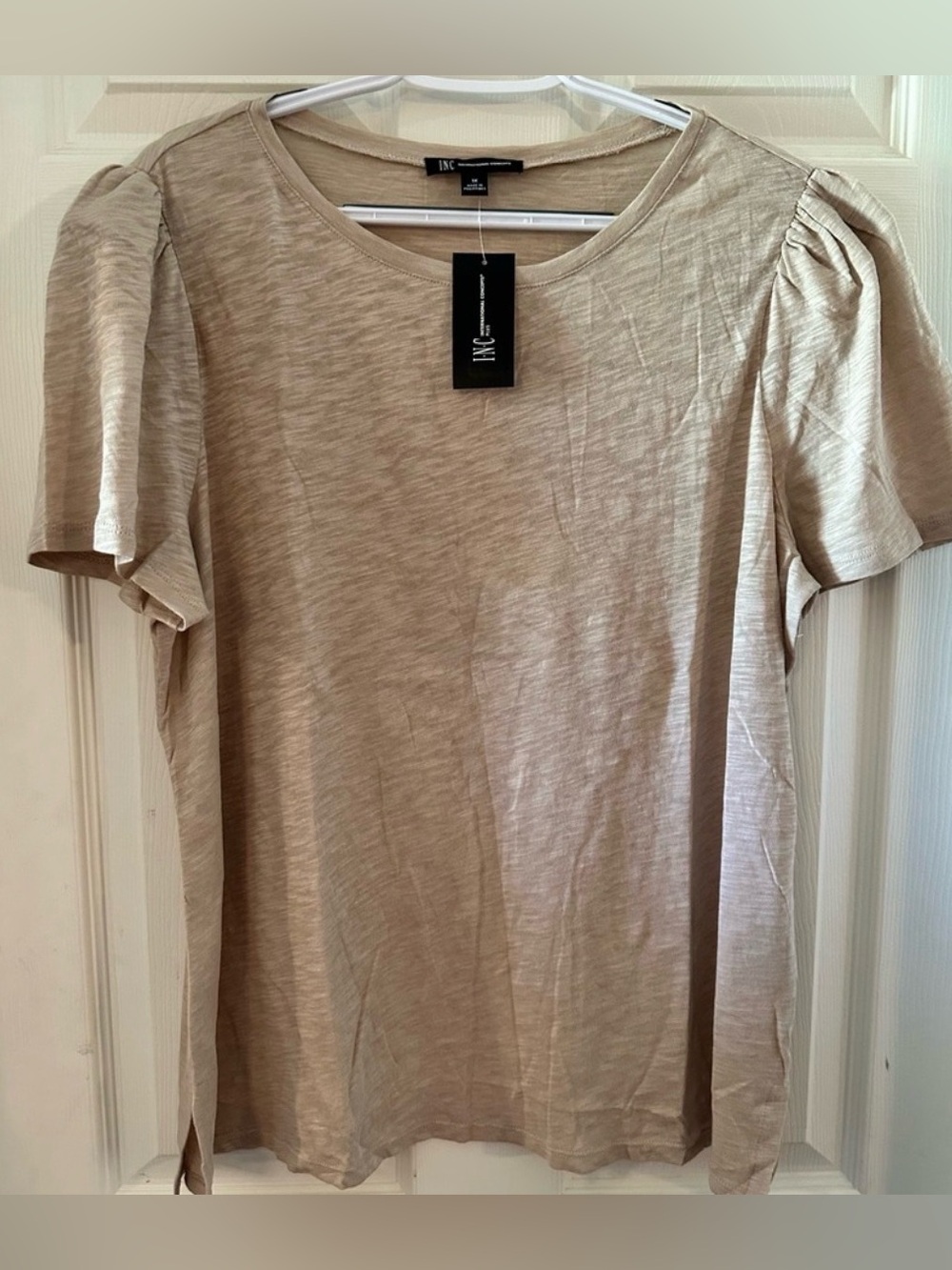 INC International Concepts Beige Puff-Sleeve Short Sleeve Tee